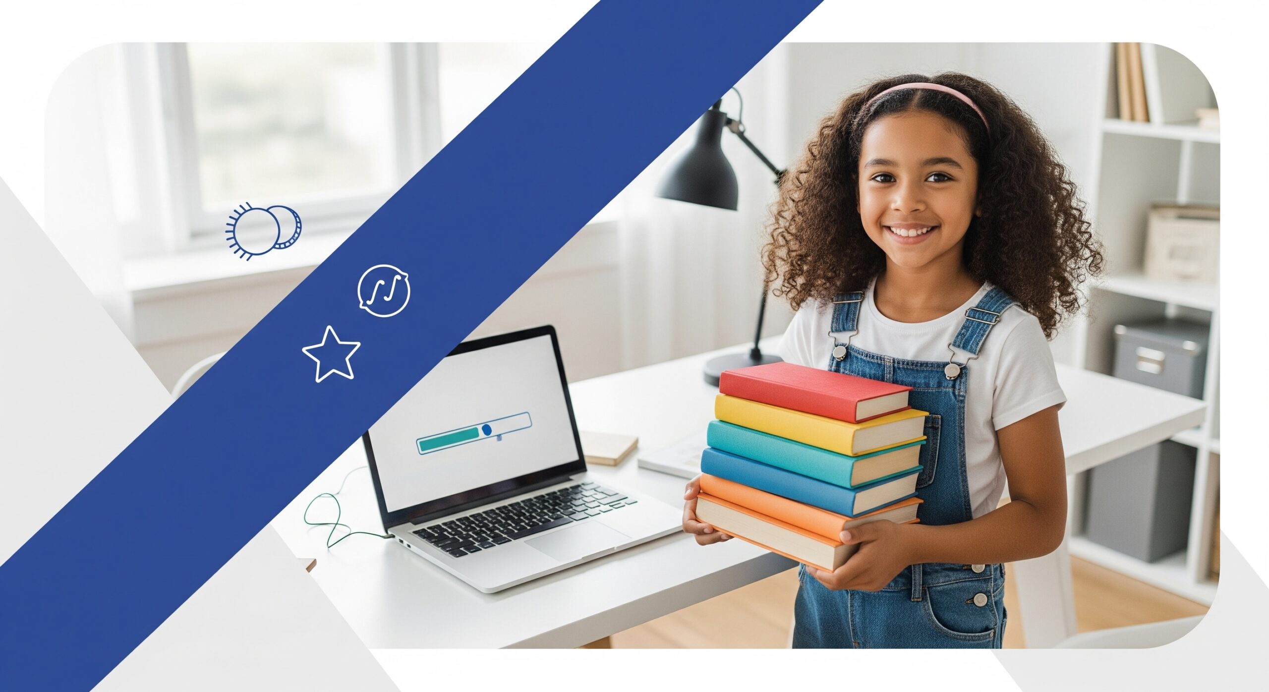 Happy girl with colorful books for kids reading growth