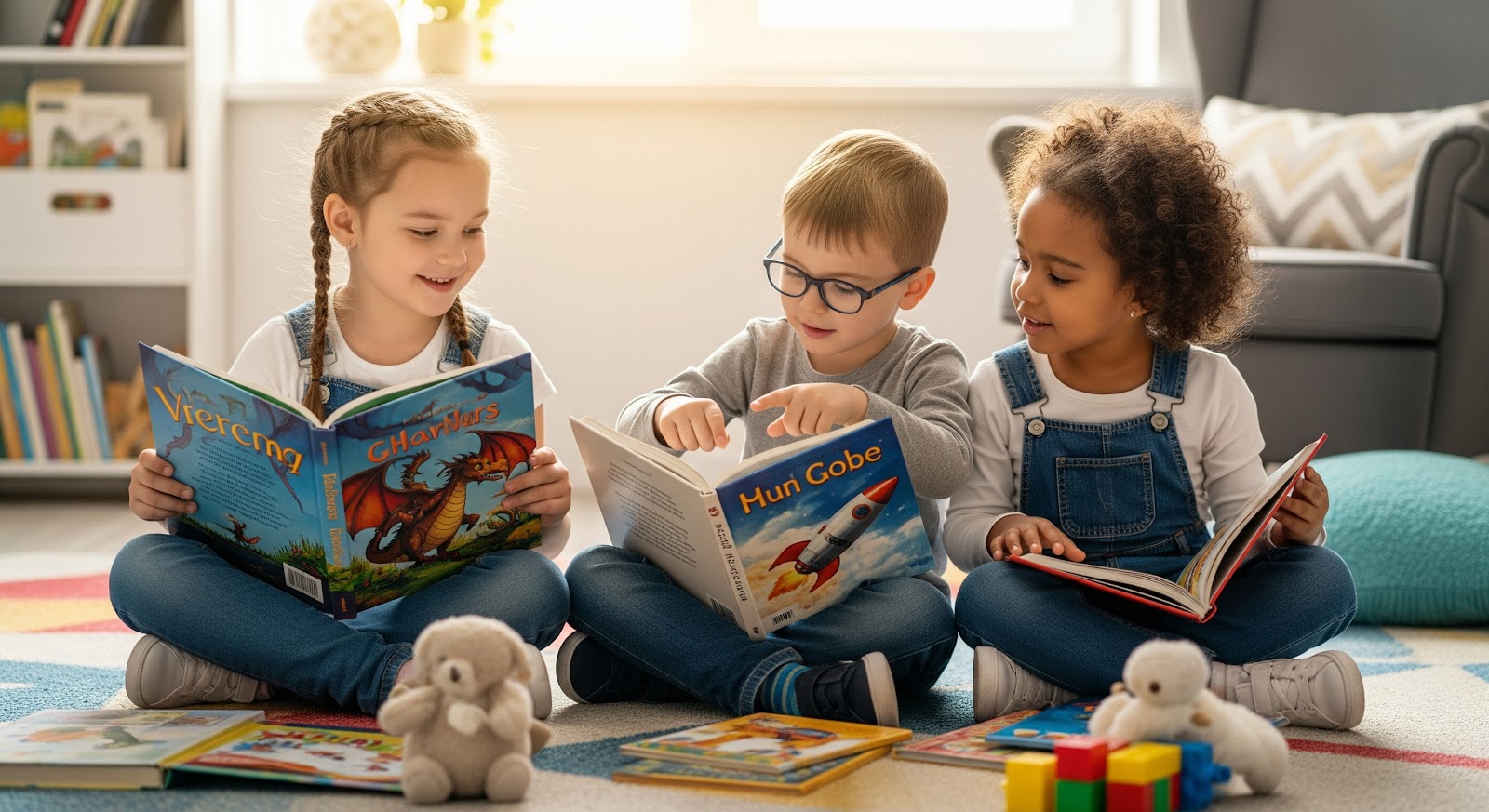 Children engaged in reading books.