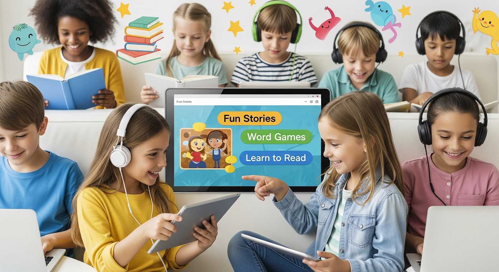 Children engaged in online reading activities.