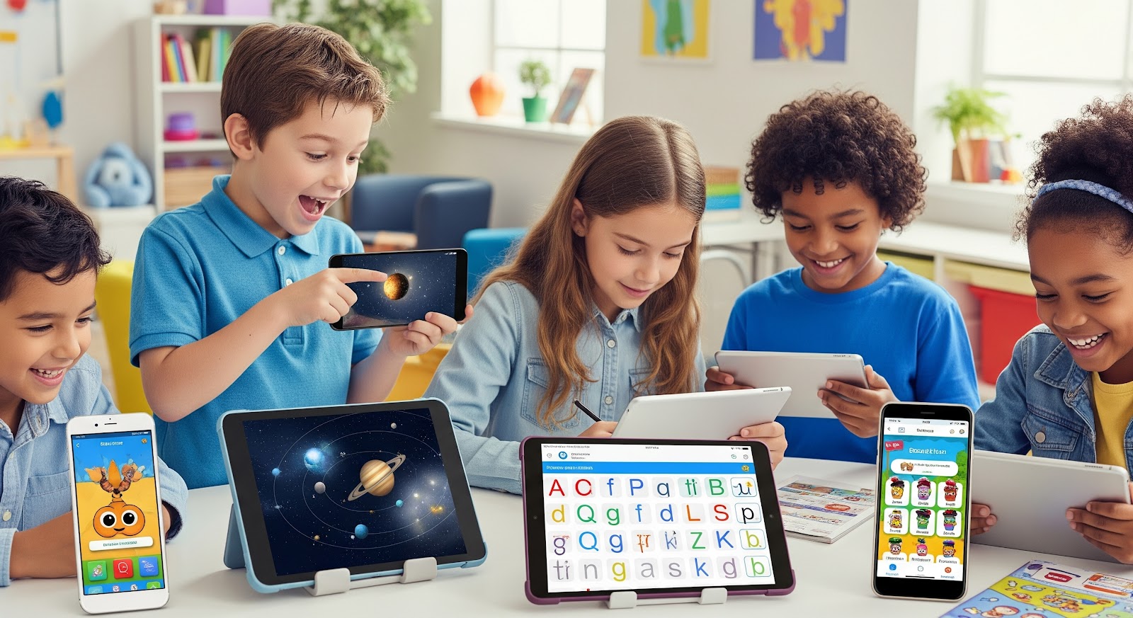 Children using educational technology tools.