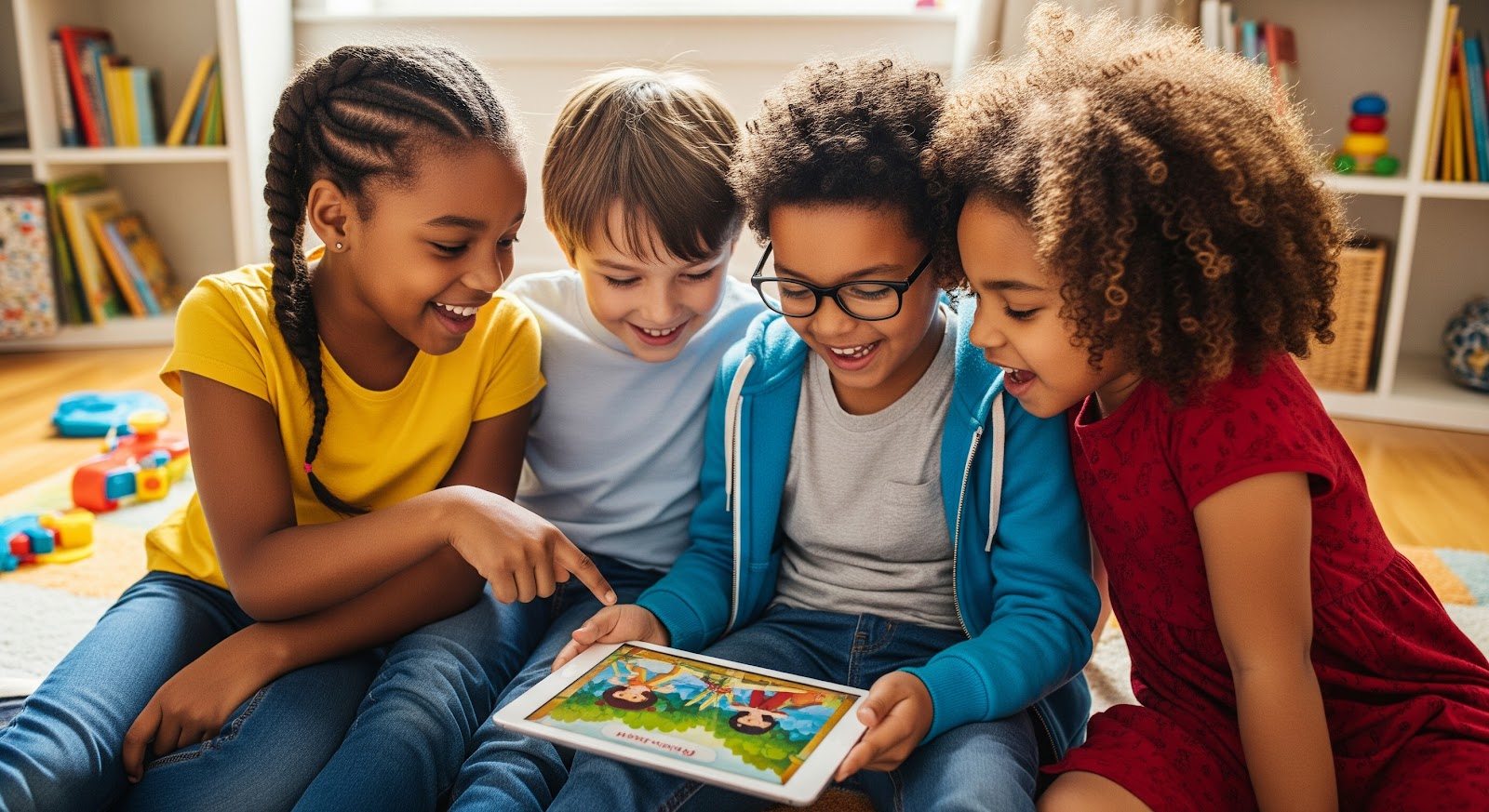 Children engaged with educational tablet.