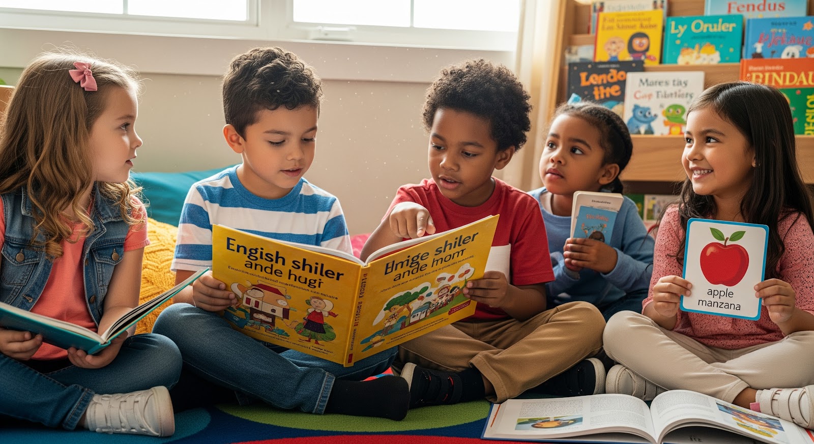 Children reading bilingual storybooks together.