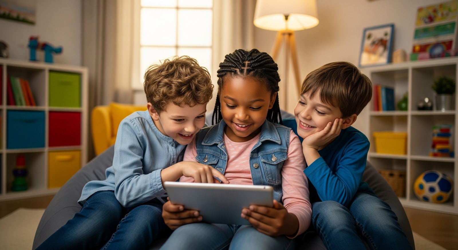 Children engaged with a tablet together.