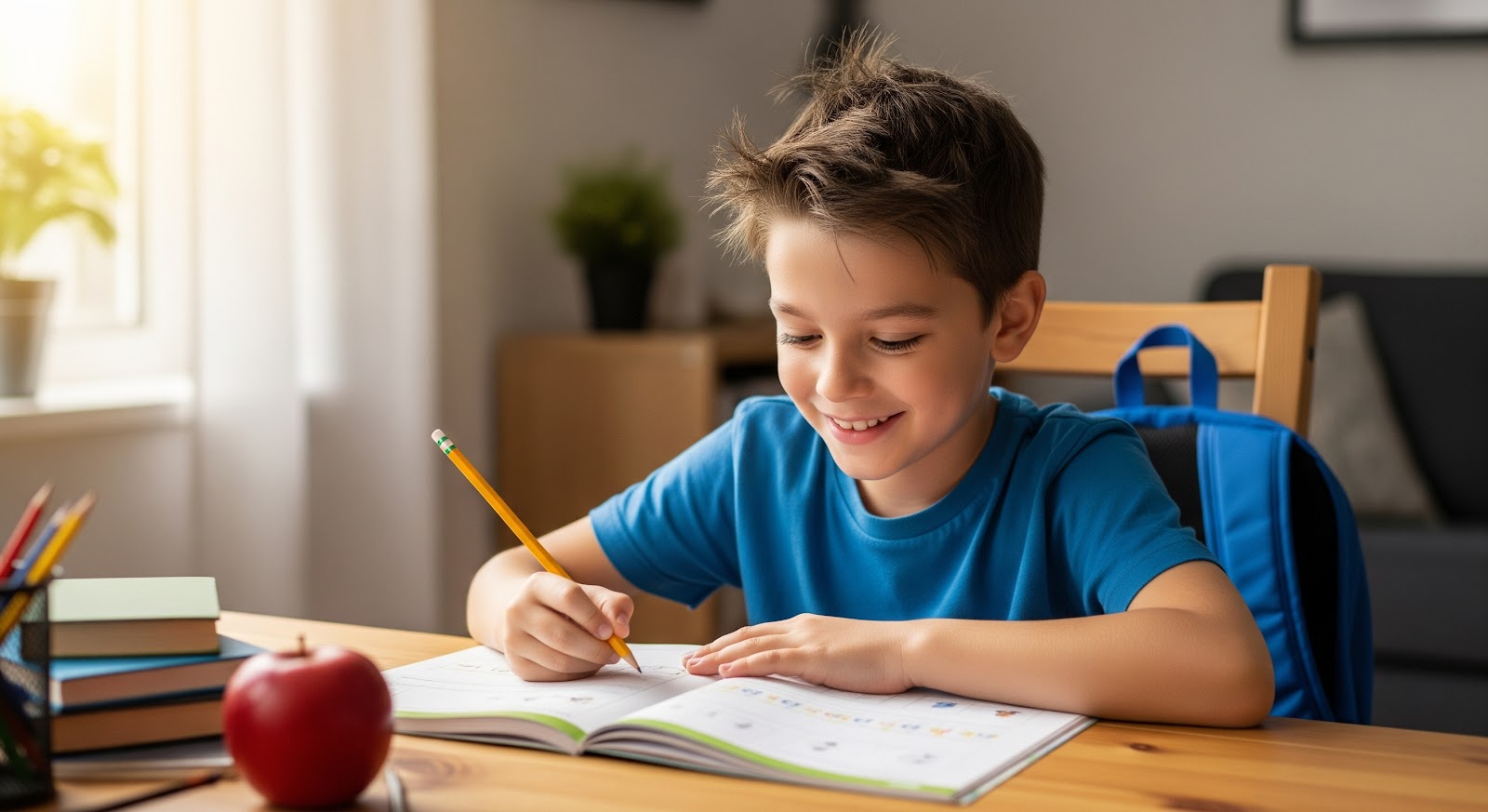 Child studying at wooden table.