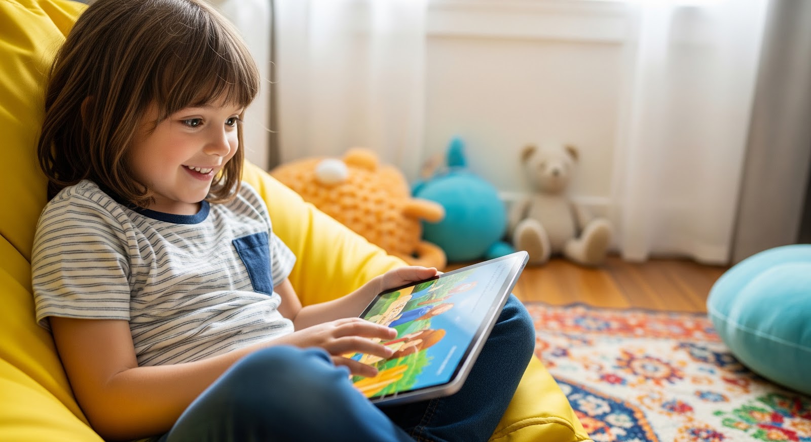Child using tablet on yellow chair.