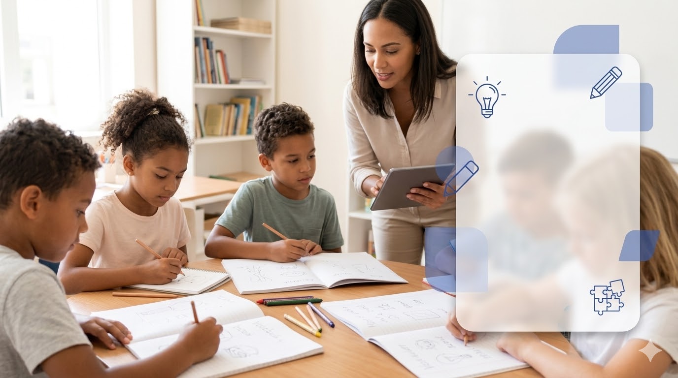 Teacher guiding students on writing interventions