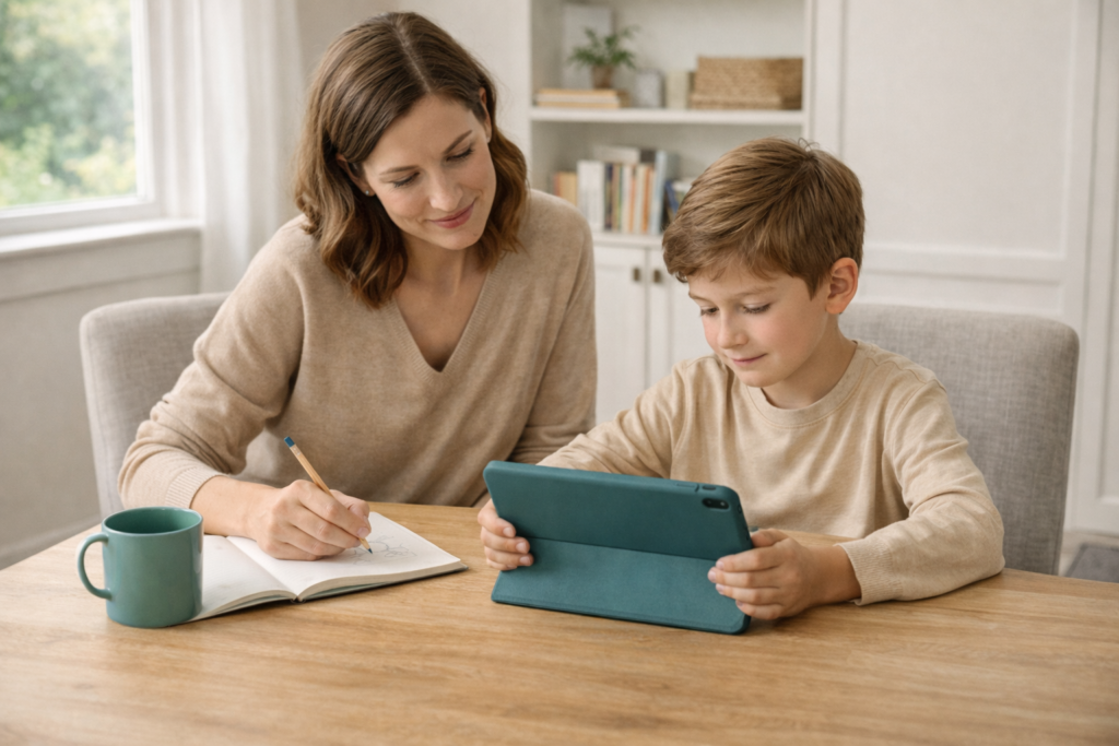 Woman guiding boy with tablet using teaching apps for kids