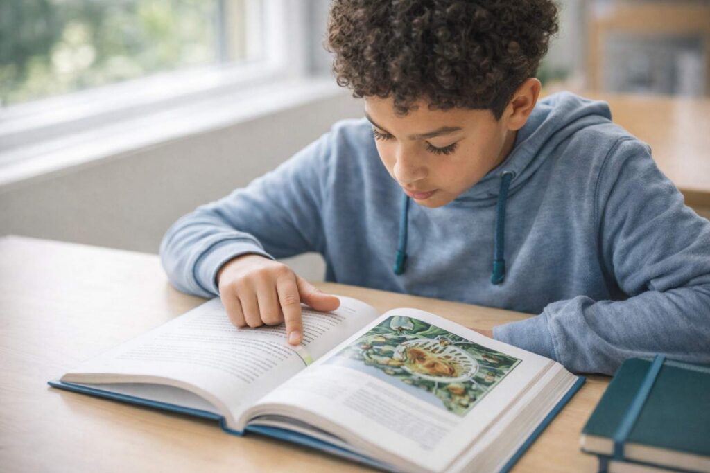 Student focusing on reading comprehension techniques with a book