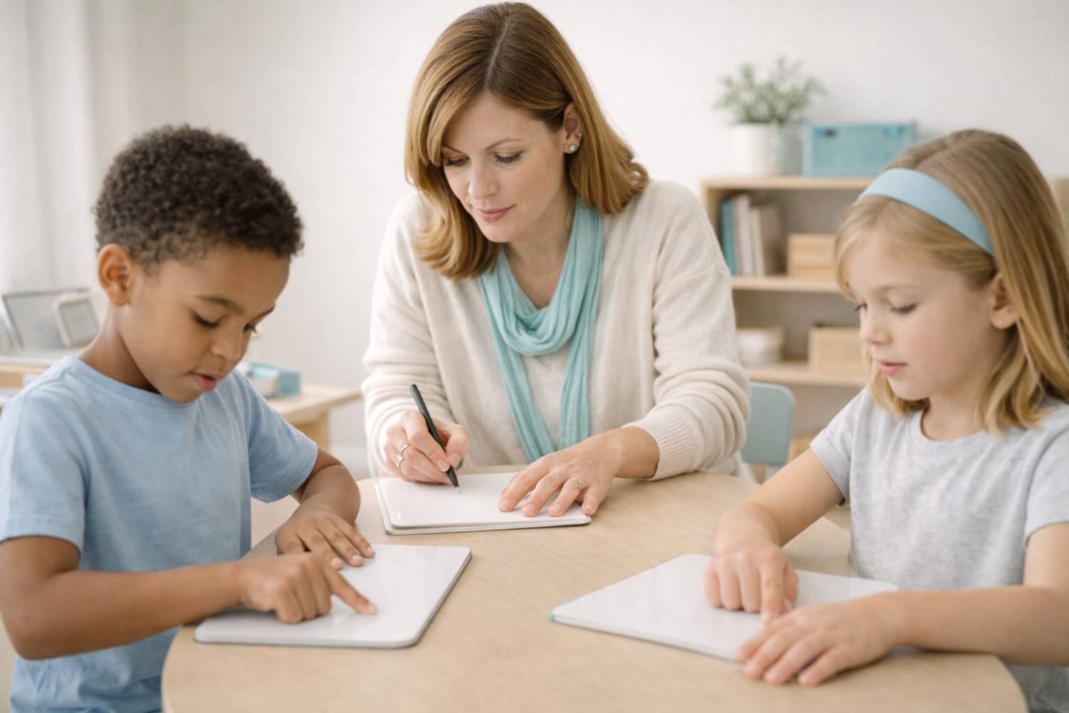 Teacher guiding children through multisensory reading instruction with tactile learning